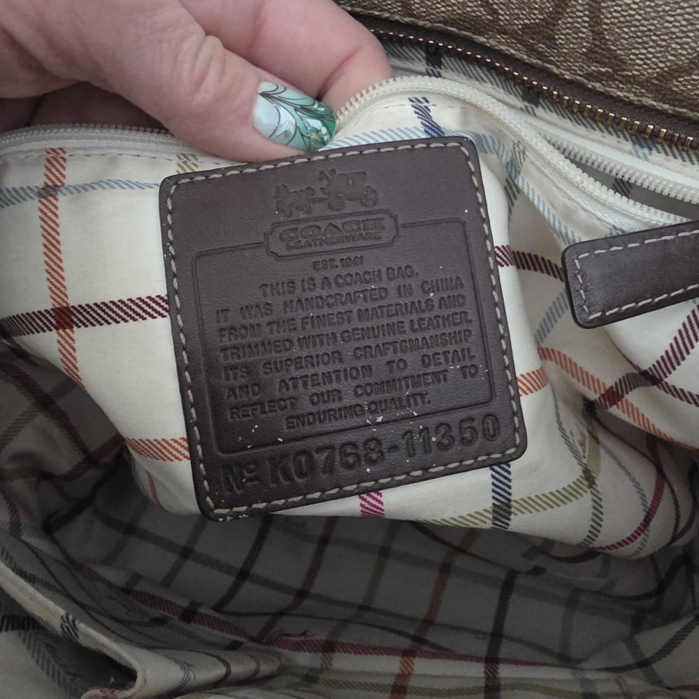 Coach Brown Signature Canvas Tote with Red Logo and Dark Brown Stripe - Picture 2 of 16